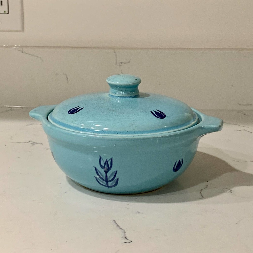 Light Blue Vintage Mid-Century Modern Covered Stoneware Dish